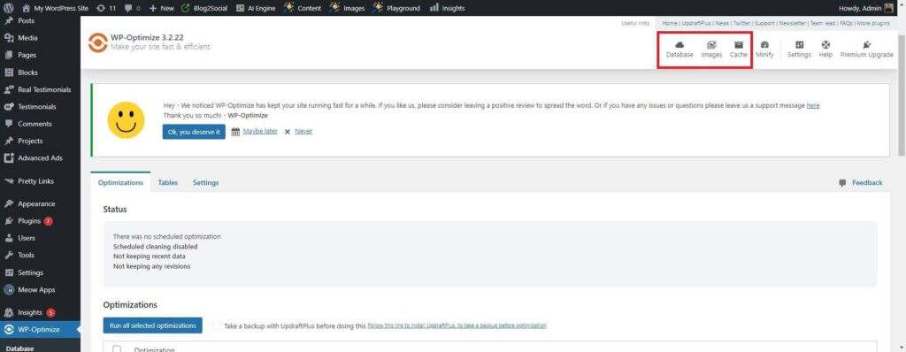 WP-Optimize 用户界面
